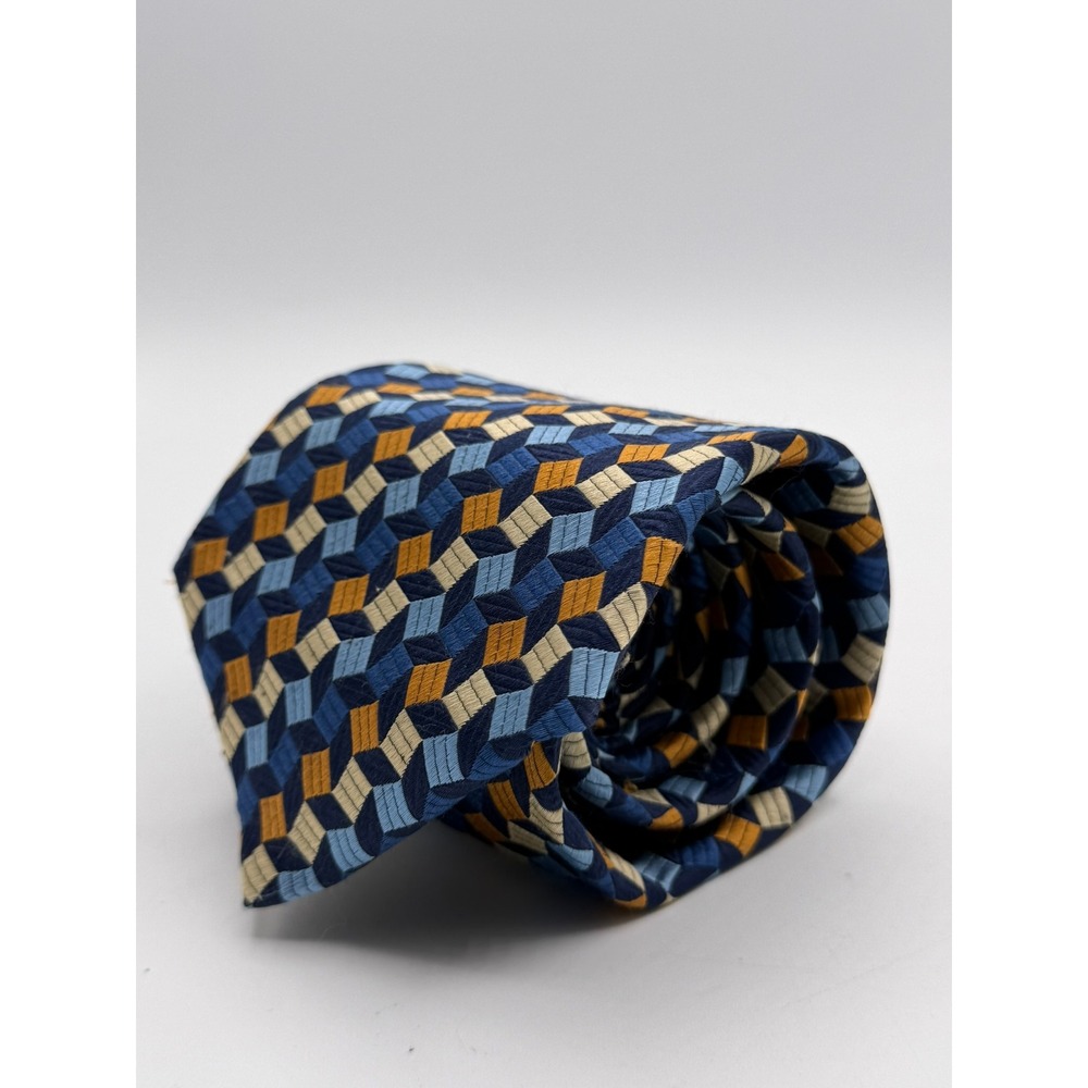 Amherst & Brock Mens Silk Tie Blue Gold Geometric Cube Pattern Made in Italy